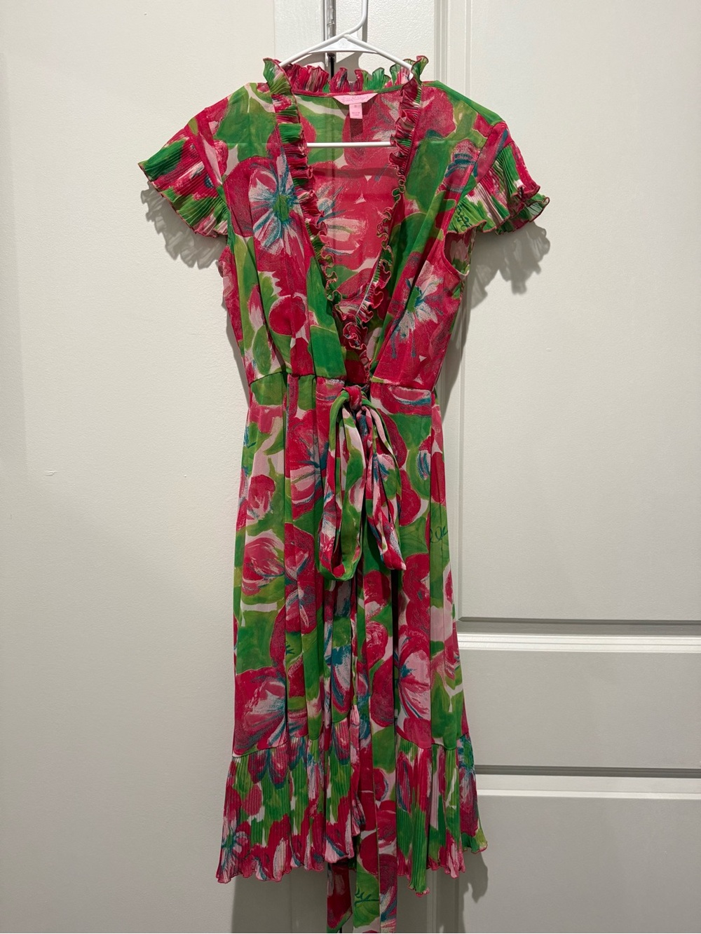 Lilly Pulitzer Sheer Floral Wrap Midi Dress with Ruffle Trim - Pink & Green